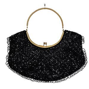 Vintage 1960s Black Hand Beaded Hong Kong Evening Bag Gold Foldaway Handle Purse